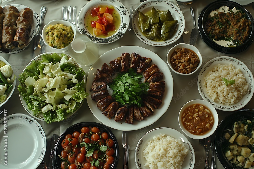 A Top-Down View of a Turkish Iftar Table Featuring Traditional Dishes. A Top-Down View of a Turkish Iftar Table Featuring Traditional Dishes.