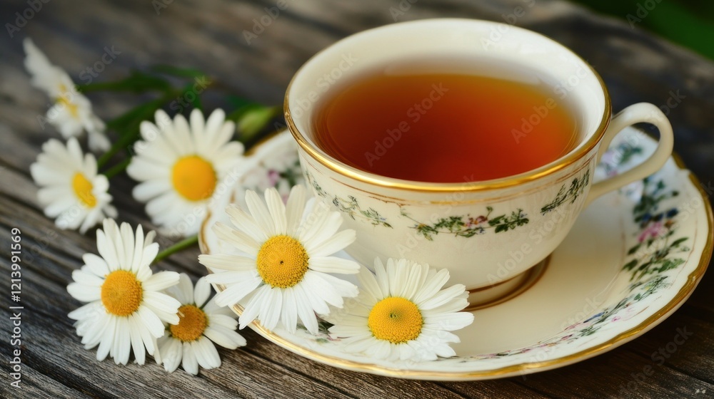 A cup of tea with daisies on a wooden table A cup of tea with daisies on a wooden table