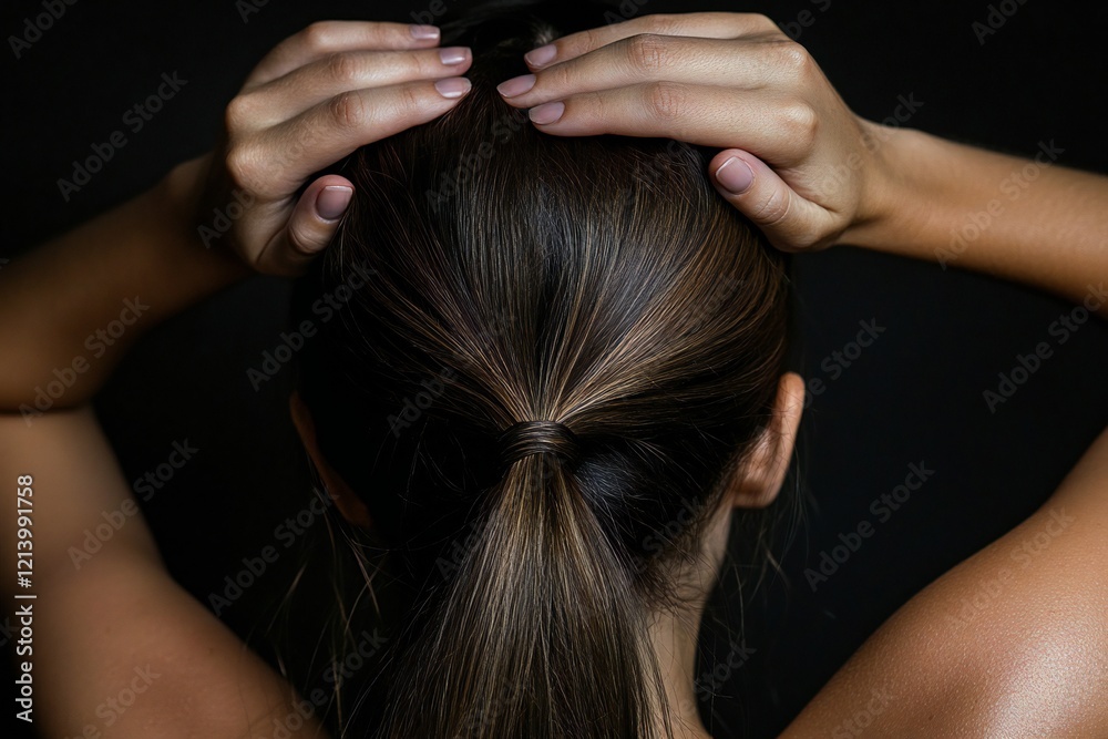 Obraz premium Young beautiful woman touching her hair isolated on black background