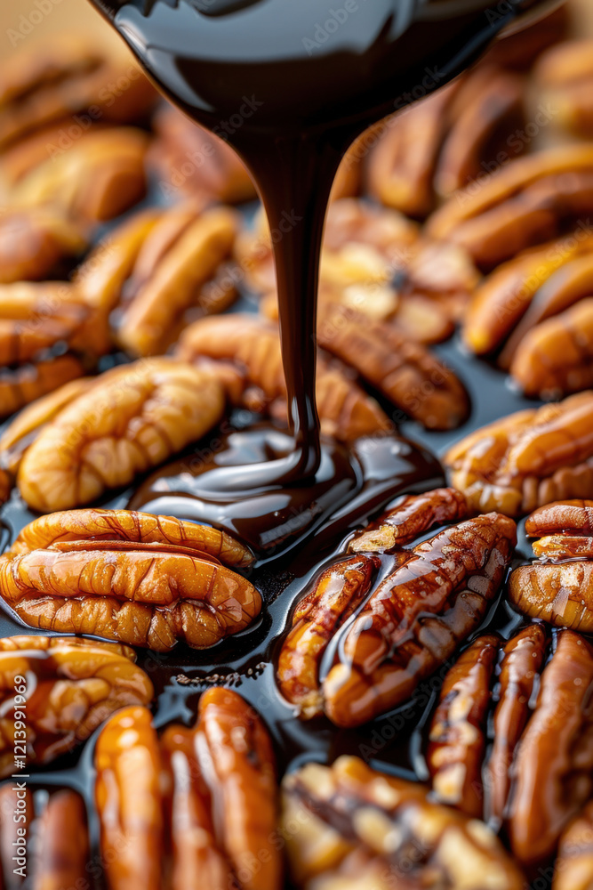 A close-up shot of pecans being coated with glossy, rich dark chocolate. The smooth, melted chocolate cascades over the crunchy nuts, creating a decadent and indulgent treat.
A close-up shot of pecans being coated with glossy, rich dark chocolate. The smooth, melted chocolate cascades over the crunchy nuts, creating a decadent and indulgent treat.