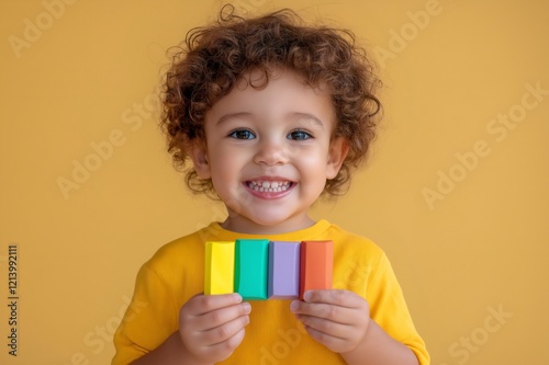 Cheerful child playing with colorful modeling clay, smiling and having fun on a vibrant yellow background, enjoying creative playtime photo