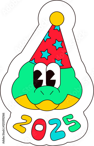 Smiling head of Chinese 2025 snake in carnival red cone cap. New Year velcro for sticker pack or gift card in old style of 2000. Cartoon Y2K retro sticker on white background