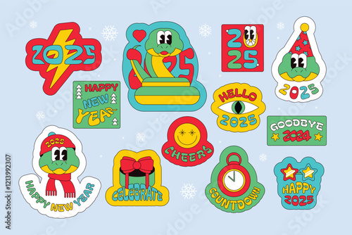 Set of 2025 new year stickers with Chinese calendar snake symbol. New Year velcro for sticker pack in old style of 2000. Cartoon Y2K retro sticker collection on blue background