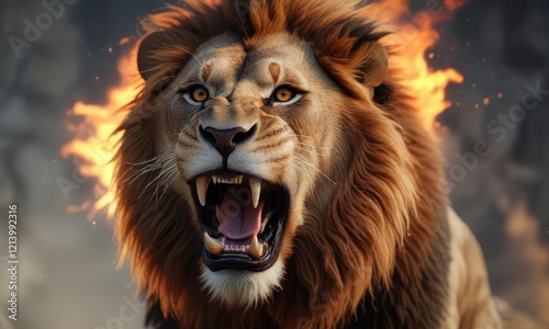 Fiery lion with open mouth and blazing breath, powerful predator, glowing maw , intense creature photo