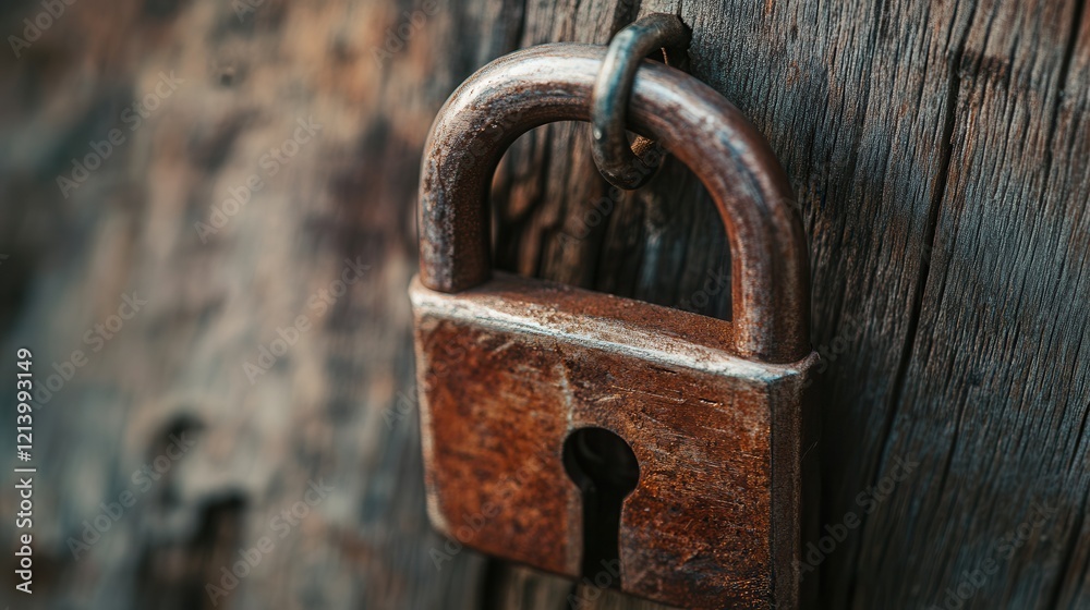 Rusty padlock securing an old wooden door evokes a sense of mystery and forgotten stories in the twilight. Generative AI Rusty padlock securing an old wooden door evokes a sense of mystery and forgotten stories in the twilight. Generative AI