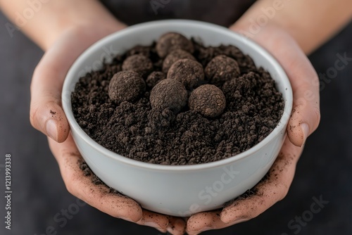 Hand picking black organic truffles Hands holding a bowl of soil with textured balls inside. photo