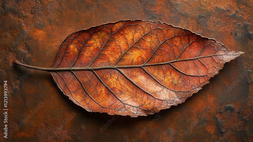 Dried leaf rests on a rusty brown surface Dried leaf rests on a rusty brown surface