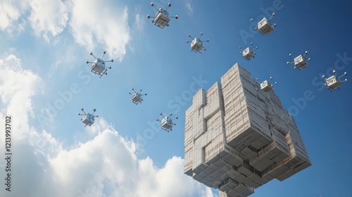 Drones Delivering Packages To A Massive Structure photo