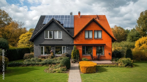 Two Attached Houses Displaying Contrasting Colors and Solar Panels