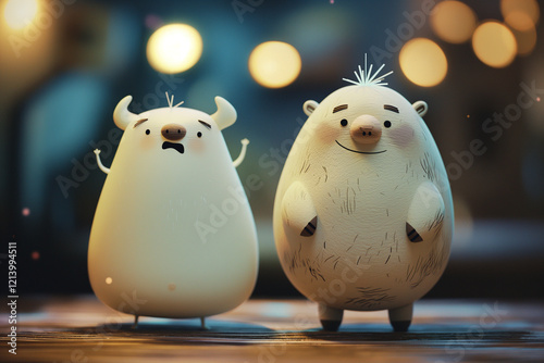 A pair of chubby white bull and white bear are excited and worried. Stock market characters on a plain background	