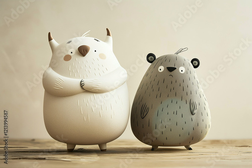 A pair of chubby white bull and white bear are excited and worried. Stock market characters on a plain background	