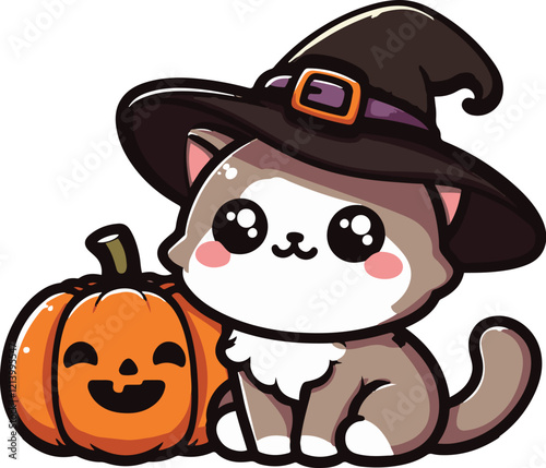 Cute cat with witch hat and Halloween pumpkin for Funny spooky boo character. Spook phantom with happy smiling face expression. kids flat vector illustration.