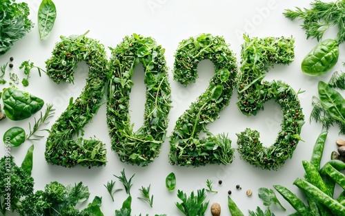 Wallpaper Mural The year 2025 sculpted with fresh green herbs, quinoa, and superfoods, set against a high-key white background Torontodigital.ca