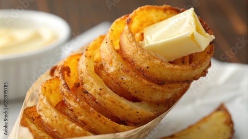 Close-up shot of spiral fried potato with a pat of butter on top, closeup, pat