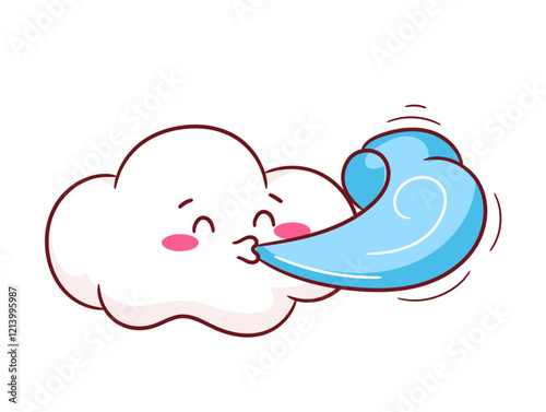 Cute playful cloud blowing a gust of wind cartoon character. Weather Concept design. Kawaii object vector icon mascot illustration.