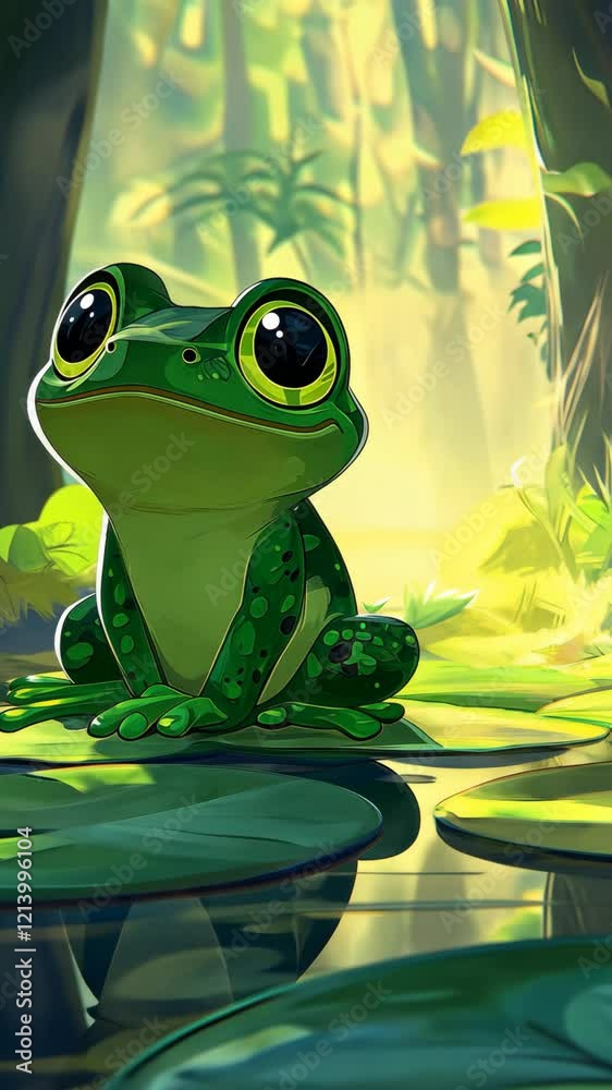 In a lush jungle, a vibrant green frog rests peacefully on lily pads near a tranquil pond reflecting sunlight