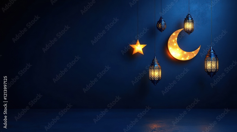 Illuminated Crescent Moon Star And Lanterns On Blue Background Illuminated Crescent Moon Star And Lanterns On Blue Background