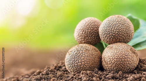 Hand picking black organic truffles Brown seedballs resting on soil with green background. photo