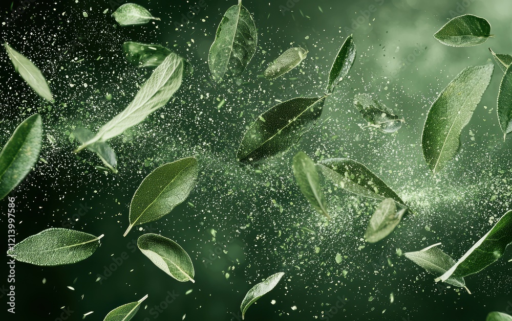 Sage leaves flying with earthy green splashes. Sage leaves flying with earthy green splashes.