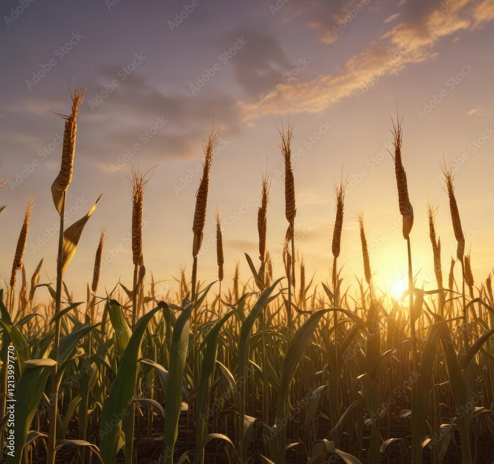 Corn stalks at sunset with warm golden light casting a peaceful atmosphere, field, agriculture, natural Corn stalks at sunset with warm golden light casting a peaceful atmosphere, field, agriculture, natural