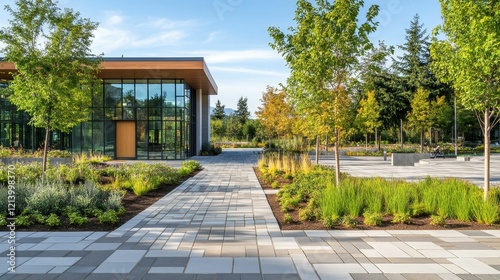 Wallpaper Mural Modern building with paved walkway and planted areas. Torontodigital.ca