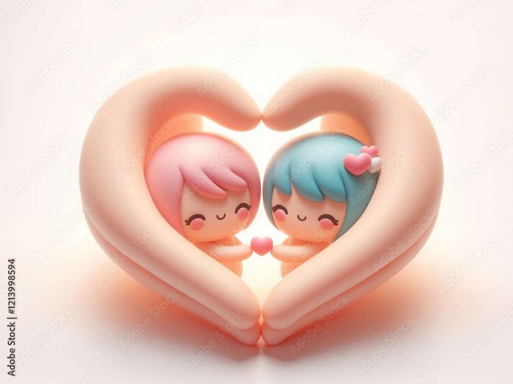 3d illustration of a couple in love inside heart-shaped hands 3d illustration of a couple in love inside heart-shaped hands