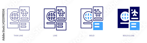 Plane ticket icon in 4 different styles. Thin Line, Line, Bold, and Bold Line. Duotone style. Editable stroke