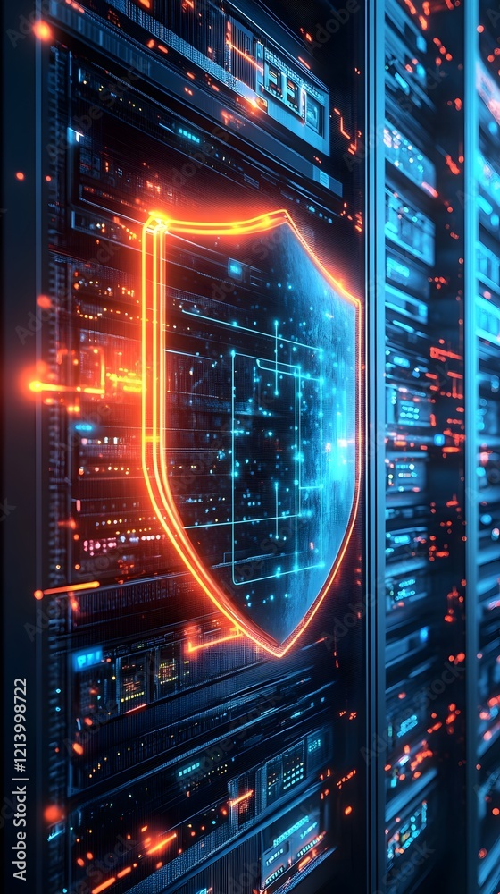 Fototapeta premium 97. A digital representation of a secure server protected by a glowing digital shield, symbolizing web hosting security