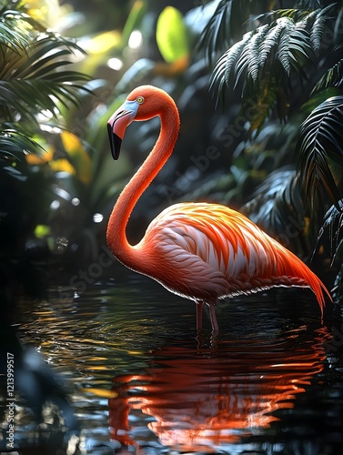 A Graceful Flamingo s Vibrant Reflection Amid Lush Tropical Foliage photo