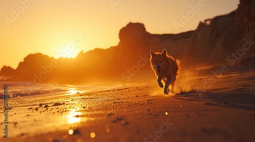 Golden sunset illuminates a dog joyfully running along the beach at twilight. Generative AI