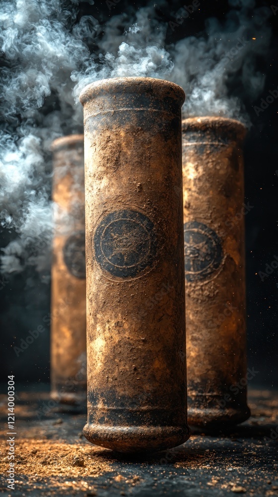 Mysterious Aged Cylindrical Containers with Emitting Vapor on Dark Surface Mysterious Aged Cylindrical Containers with Emitting Vapor on Dark Surface