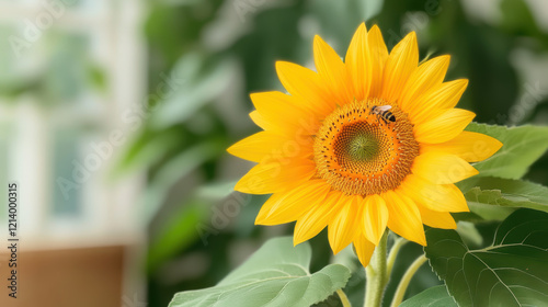 Sunflower with a bee in a garden with blurred green leaves