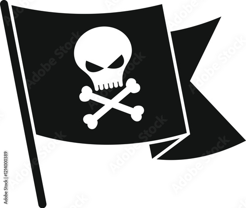 Black pirate flag waving, featuring a menacing skull and crossbones, symbolizing maritime rebellion and lawlessness