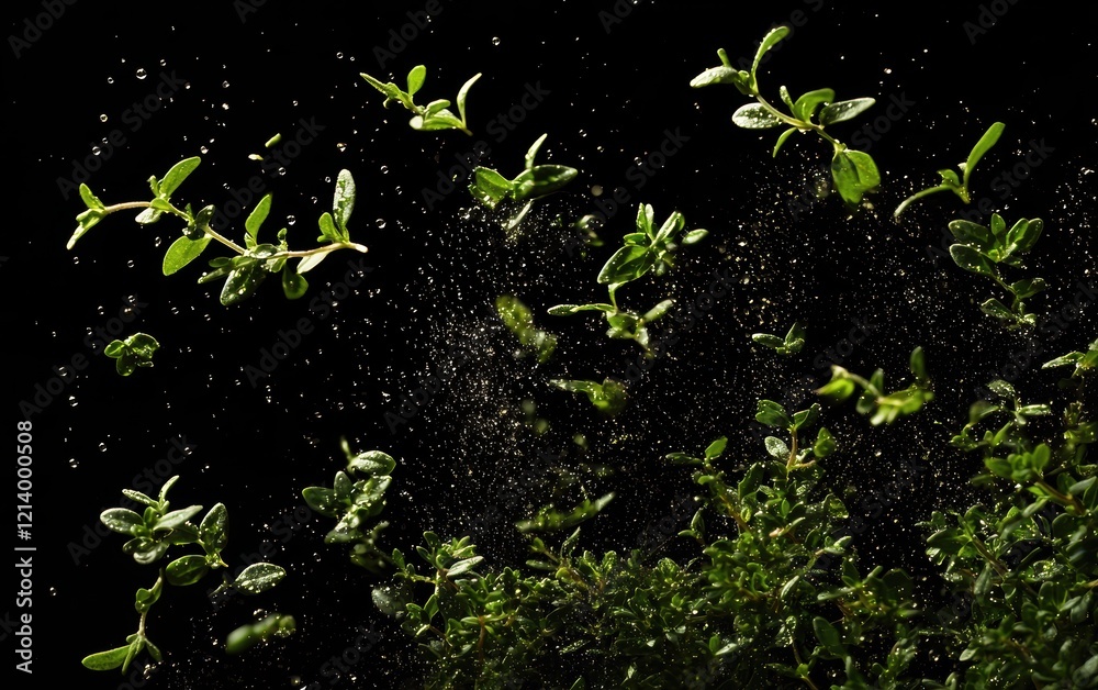 Thyme leaves flying with delicate droplets of moisture.