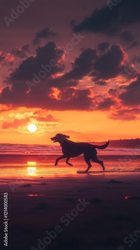 Golden retriever joyfully runs along the beach during a breathtaking sunset by the ocean waves. Generative AI