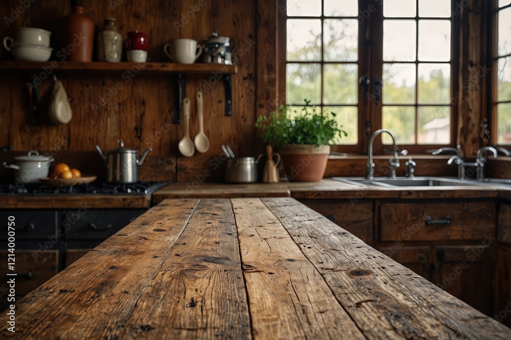 Rustic wooden kitchen counter with a cozy homey background Rustic wooden kitchen counter with a cozy homey background
