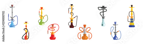 Hookah Device with Tube for Smoking Vector Set
