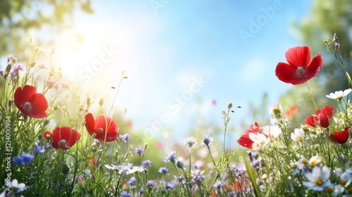 Fototapeta Naklejka Na Ścianę i Meble -  Sunny meadow poppies blooming vibrant wildflowers summer day idyllic background nature scene
