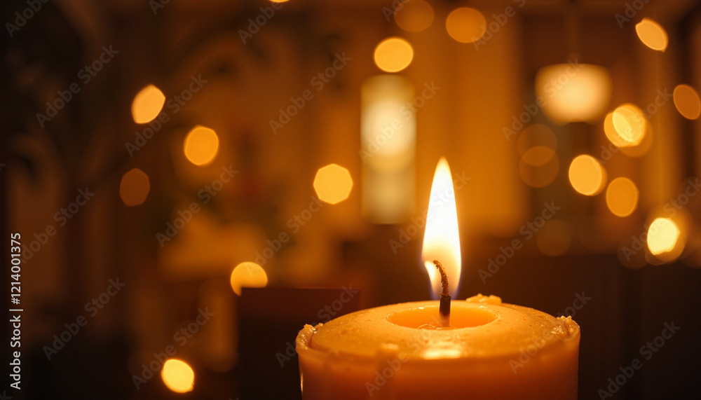 Close-up of a burning candle surrounded by warm bokeh lights in a cozy atmosphere Close-up of a burning candle surrounded by warm bokeh lights in a cozy atmosphere