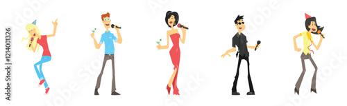 People Character Dancing and Singing in Karaoke Club Vector Set