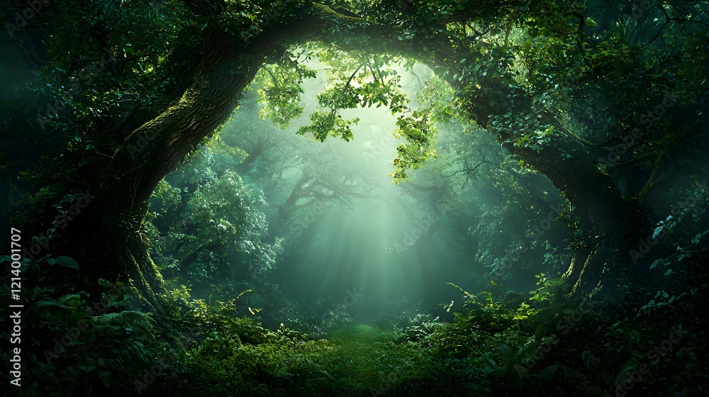 Fototapeta premium An enchanting forest scene with a winding path leading through a lush verdant landscape illuminated by soft magical sunlight filtering through the dense verdant canopy of trees above