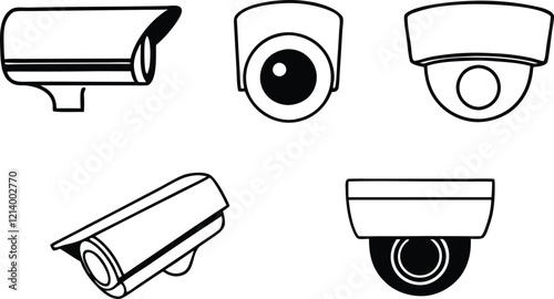Simple, black and white line art icons of various security cameras.
