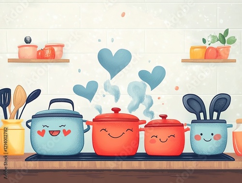 Cute cartoon kitchen pots with smiley faces and hearts, illustrated in a simple, pastel style with soft watercolor textures. 