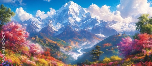 Majestic Himalayan Spring: Vibrant Blossoms and Snow-Capped Peaks