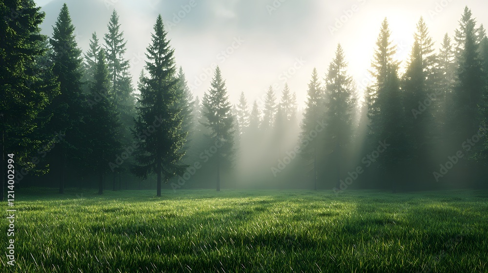 Fototapeta premium Serene and misty forest landscape with sunbeams shining through the pine trees creating a peaceful and ethereal atmosphere in the tranquil meadow glade The lush verdant vegetation and the hazy