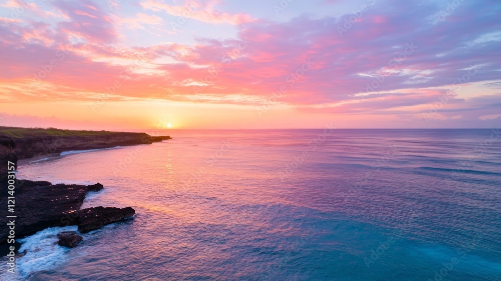 Obraz premium Tropical sunset over ocean cliff, vibrant sky, tranquil waters, peaceful scene, ideal for travel brochures