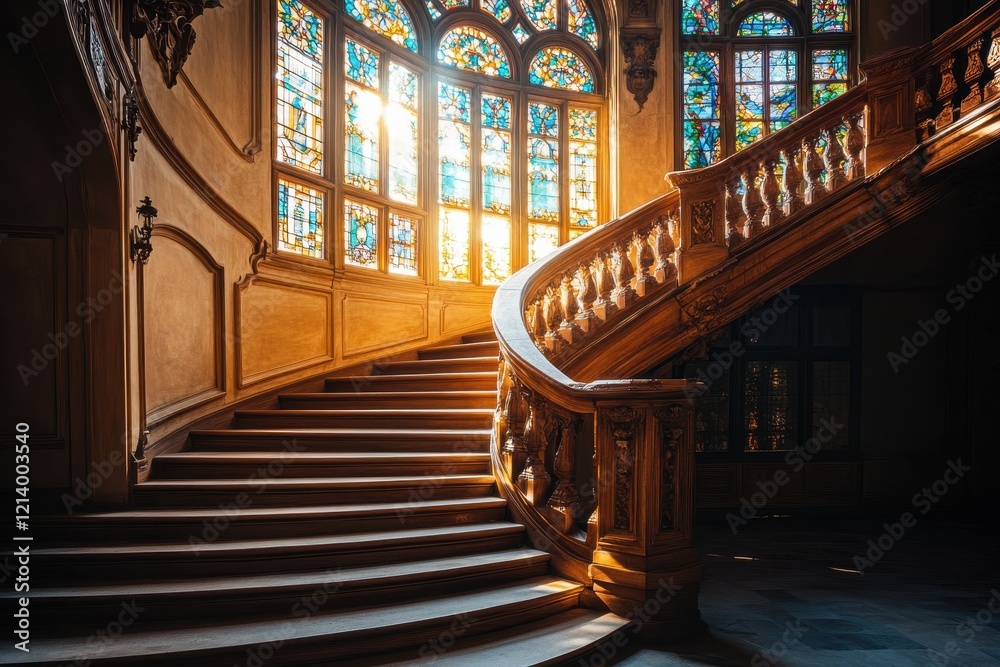 Fototapeta premium Majestic Wooden Staircase with Stained Glass Windows and Sunlight Streaming In.