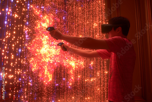 A 3D illustration of a gamer in a VR setup, using hand controllers to fight off virtual enemies in an immersive, action-packed digital arena with vibrant lights. photo