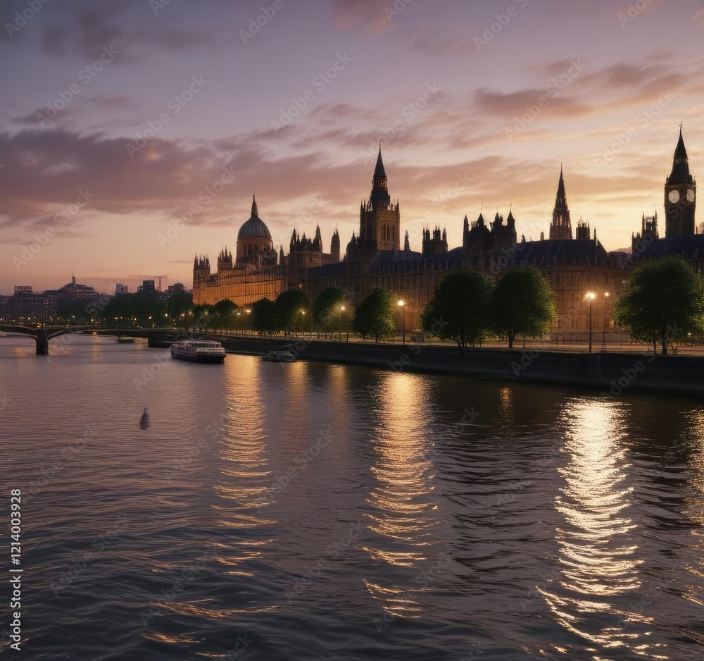 Dusk on the River Thames with the Parliament Buildings towering above, evening sky, water reflections, parliaments buildings Dusk on the River Thames with the Parliament Buildings towering above, evening sky, water reflections, parliaments buildings