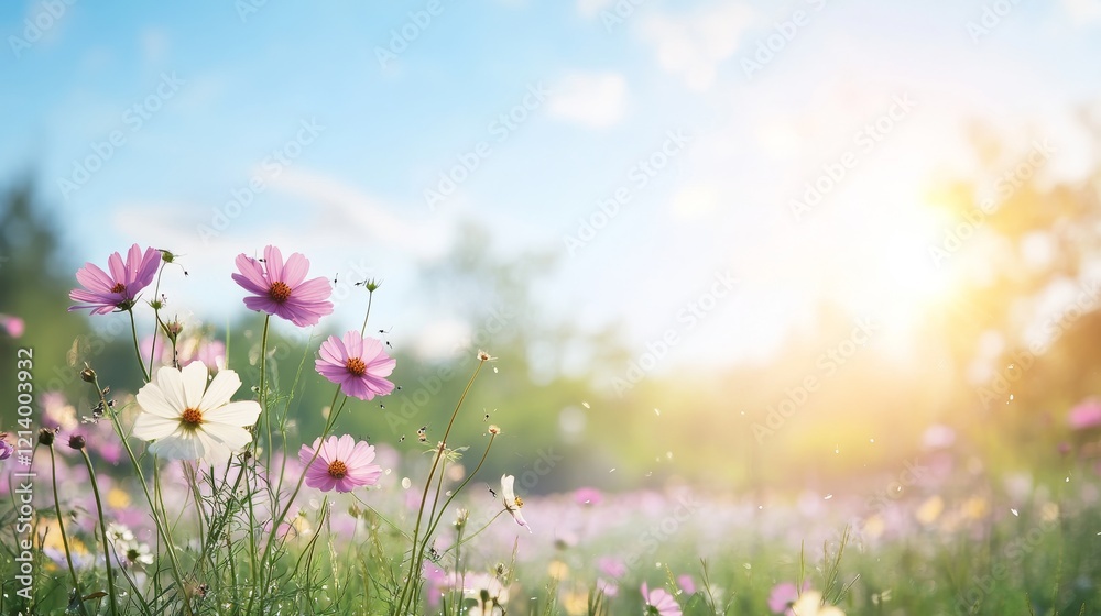Fototapeta premium Vibrant cosmos flowers blooming in a sunny meadow, idyllic landscape background, perfect for spring or summer greeting cards